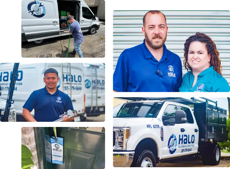 The Halo Plumbing team, owners Loren and Karen, and branded service trucks in Houston